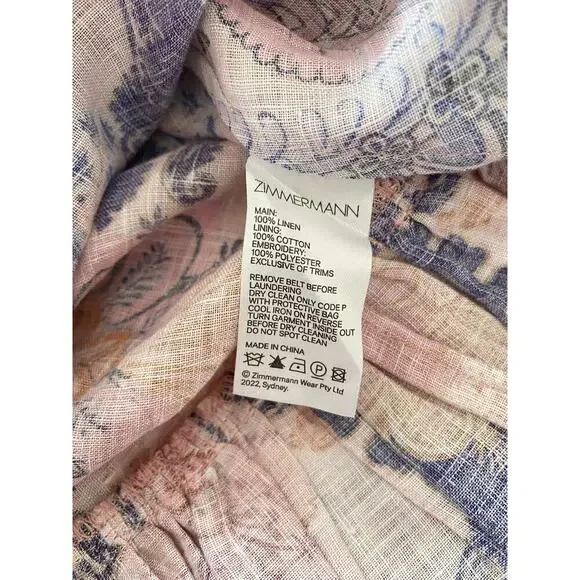 Zimmermann Laurel Billow Belted Puff Sleeve Midi Linen Dress Pink Purple - Picture 13 of 16